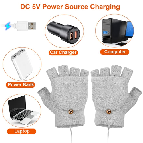 USB Heated Fingerless Wool Gloves with Mitten Flap, Grey