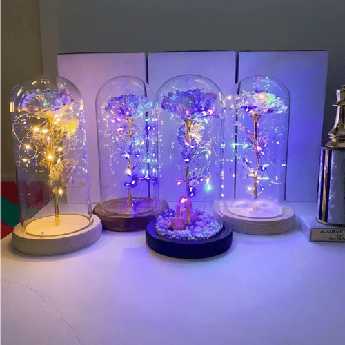 20 Led Lights Crystal Galaxy Rose in The Glass Dome Gift for Girlfriend - Beauty and The Beast Style Galaxy Rose Flower Gift