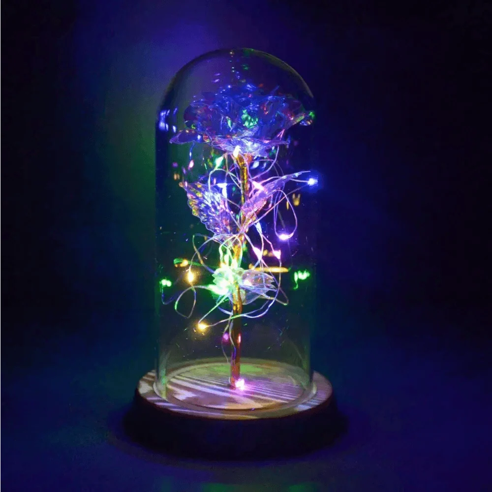 20 Led Lights Crystal Galaxy Rose in The Glass Dome Gift for Girlfriend - Beauty and The Beast Style Galaxy Rose Flower Gift