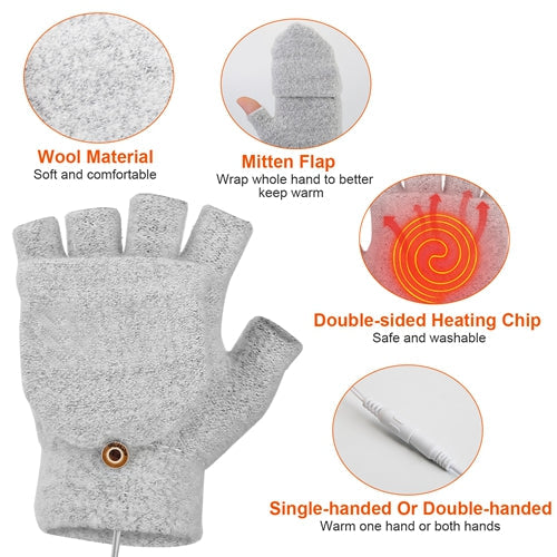 USB Heated Fingerless Wool Gloves with Mitten Flap, Grey