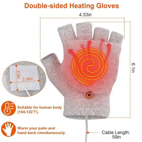 USB Heated Fingerless Wool Gloves with Mitten Flap, Grey