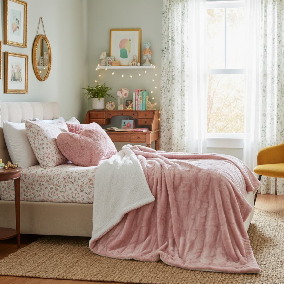 Tache Dusty Rose Faux Fur Sherpa Throw Blanket, 2-Layer, Throw to Queen