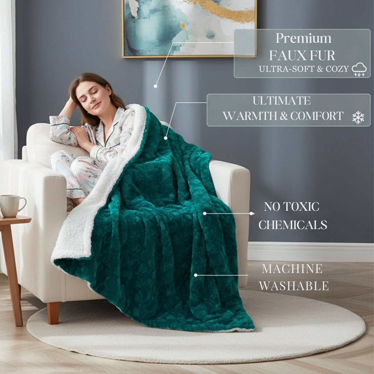 DaDa Bedding Emerald Mermaid Faux Fur Sherpa Throw Blanket, Throw to Queen