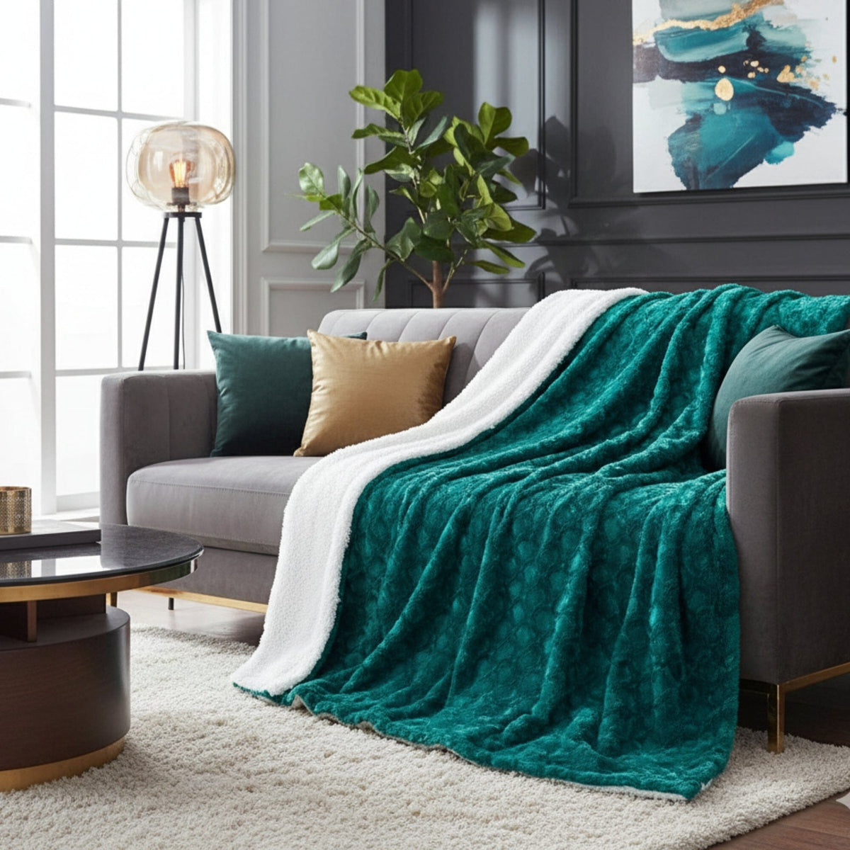 DaDa Bedding Emerald Mermaid Faux Fur Sherpa Throw Blanket, Throw to Queen