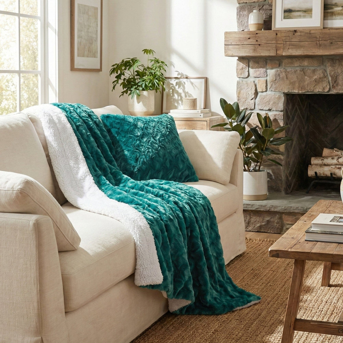 DaDa Bedding Emerald Mermaid Faux Fur Sherpa Throw Blanket, Throw to Queen