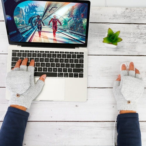USB Heated Fingerless Wool Gloves with Mitten Flap, Grey
