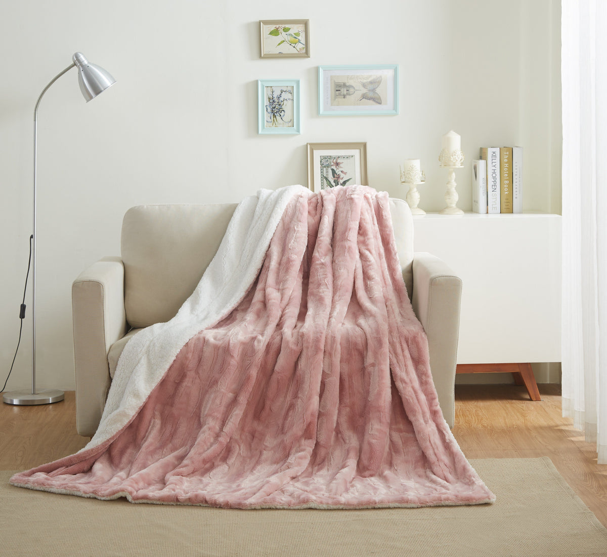 Tache Dusty Rose Faux Fur Sherpa Throw Blanket, 2-Layer, Throw to Queen