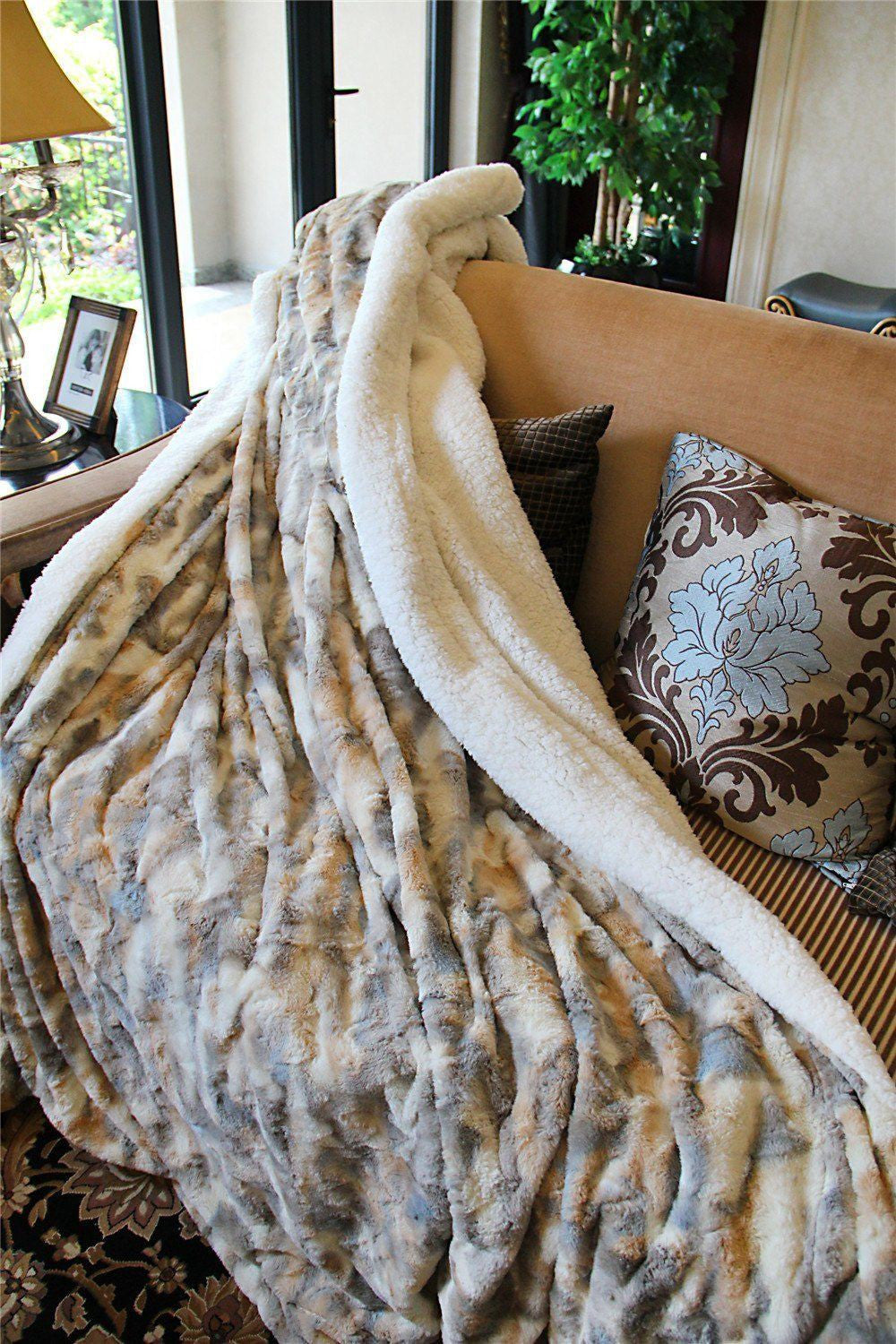 Tache Lynx Faux Fur Throw Blanket with Sherpa Back, 2-Layer, Throw to Queen