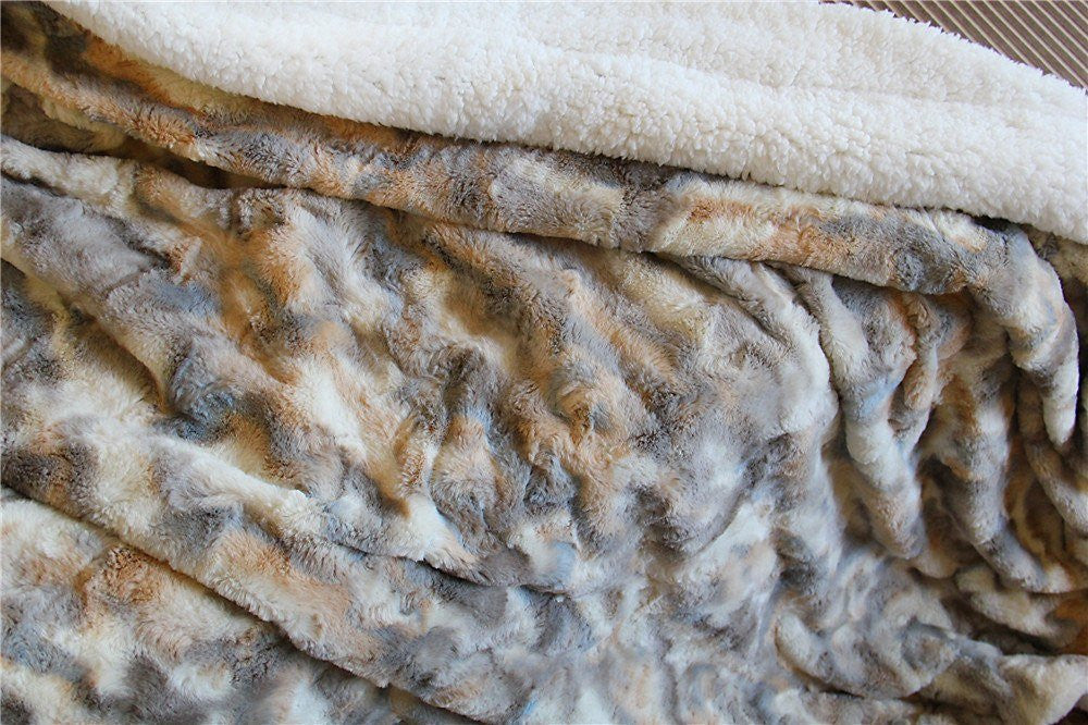Tache Lynx Faux Fur Throw Blanket with Sherpa Back, 2-Layer, Throw to Queen