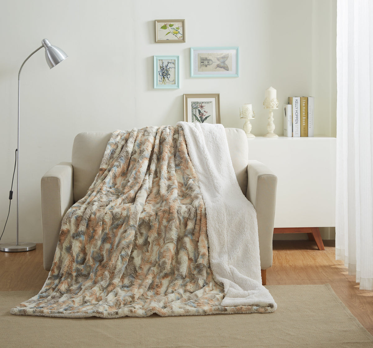 Tache Lynx Faux Fur Throw Blanket with Sherpa Back, 2-Layer, Throw to Queen