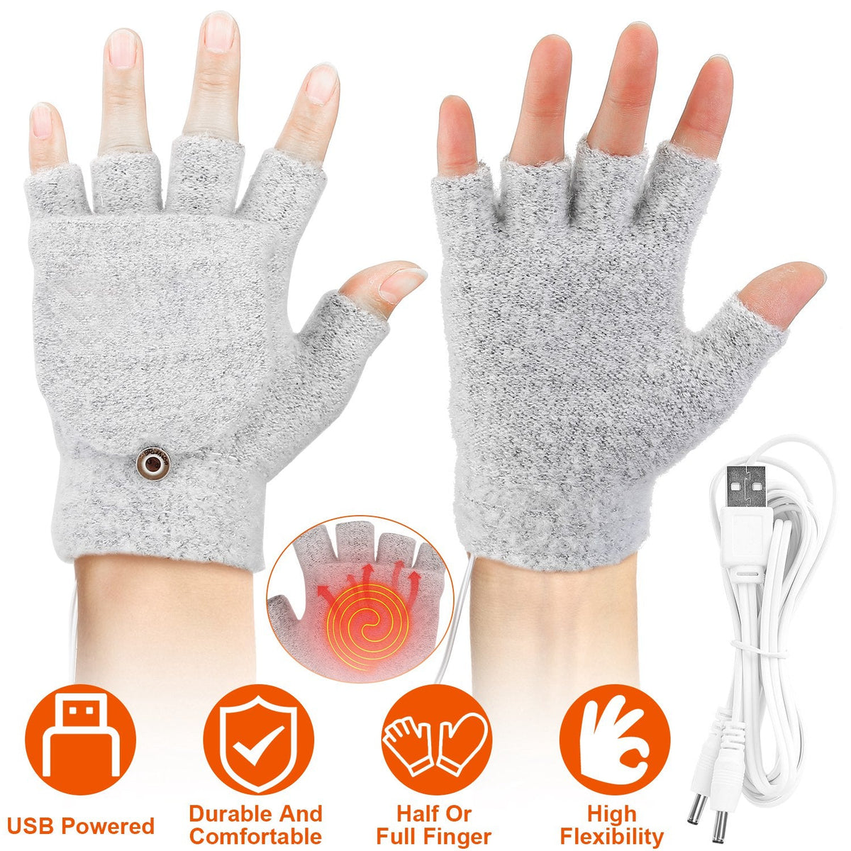 USB Heated Fingerless Wool Gloves with Mitten Flap, Grey