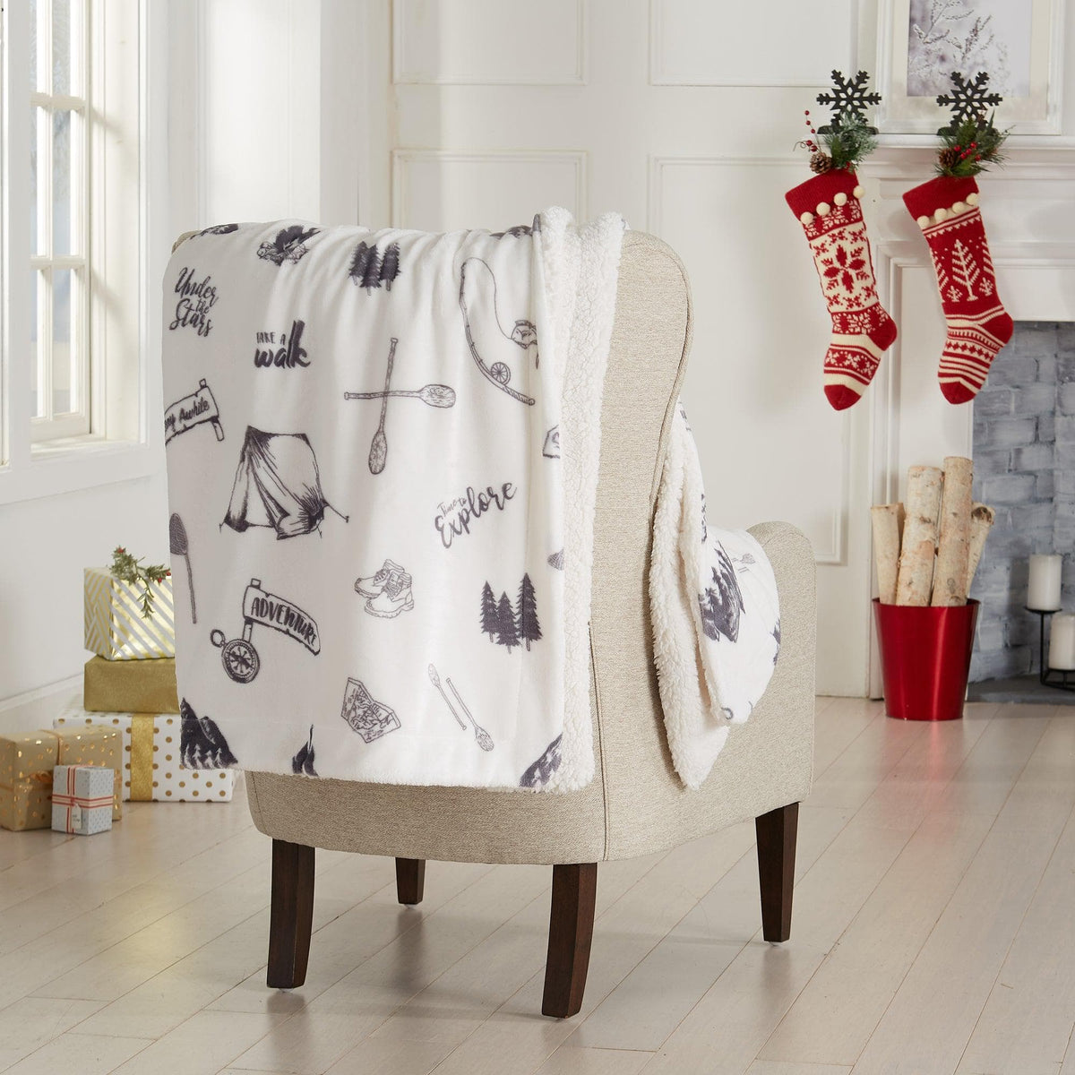 Great Bay Home Cabin Print Sherpa Throw Blanket, 50x60, Buffalo Check & Woodland