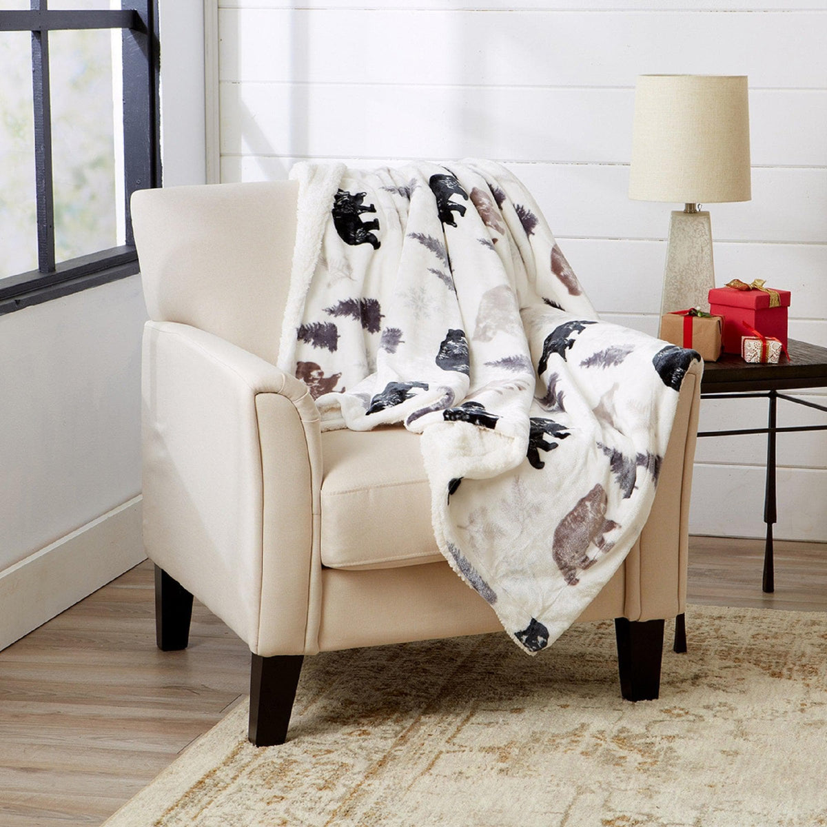 Great Bay Home Cabin Print Sherpa Throw Blanket, 50x60, Buffalo Check & Woodland