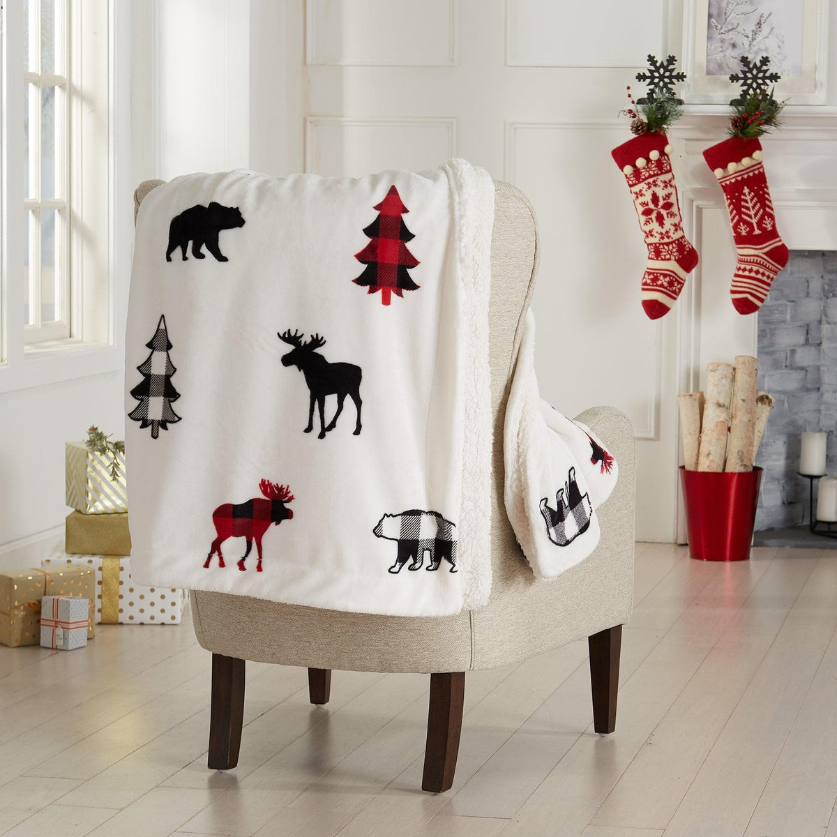 Great Bay Home Cabin Print Sherpa Throw Blanket, 50x60, Buffalo Check & Woodland