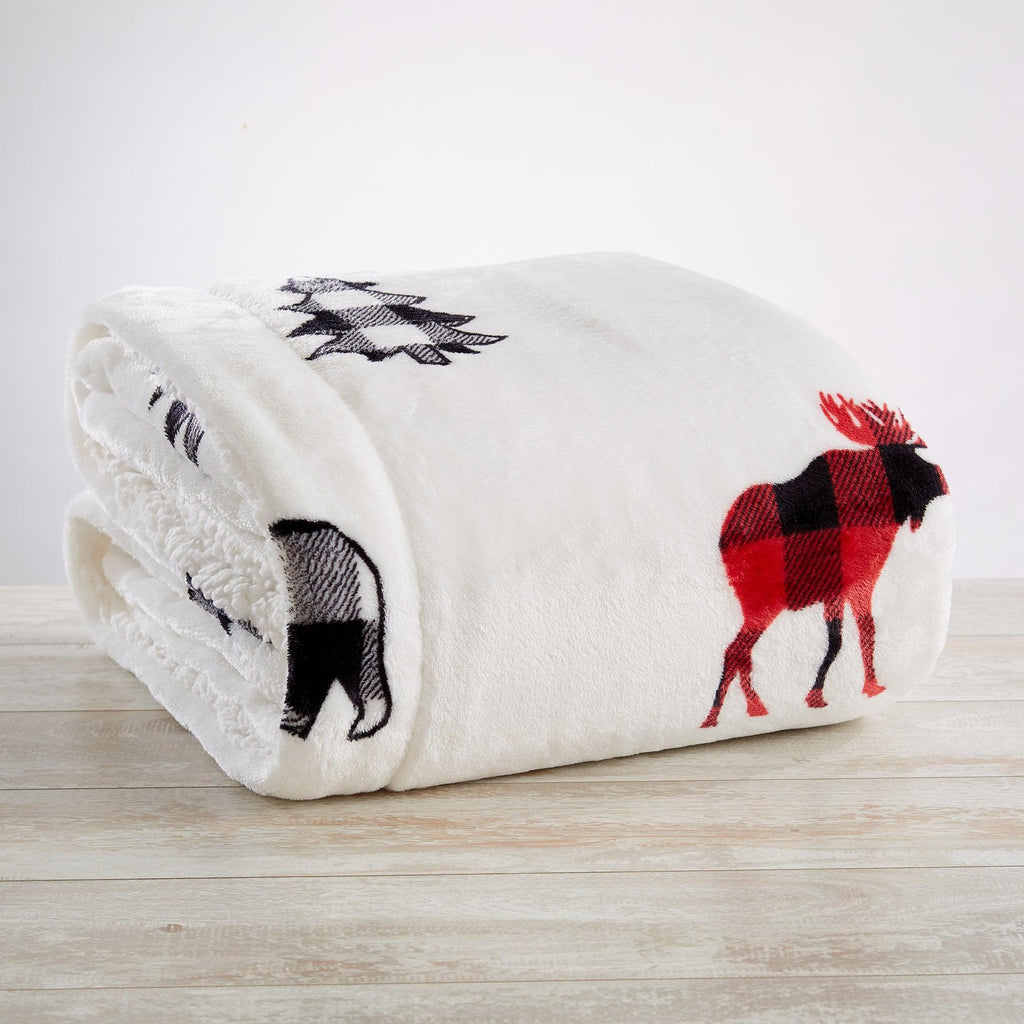 Great Bay Home Cabin Print Sherpa Throw Blanket, 50x60, Buffalo Check & Woodland