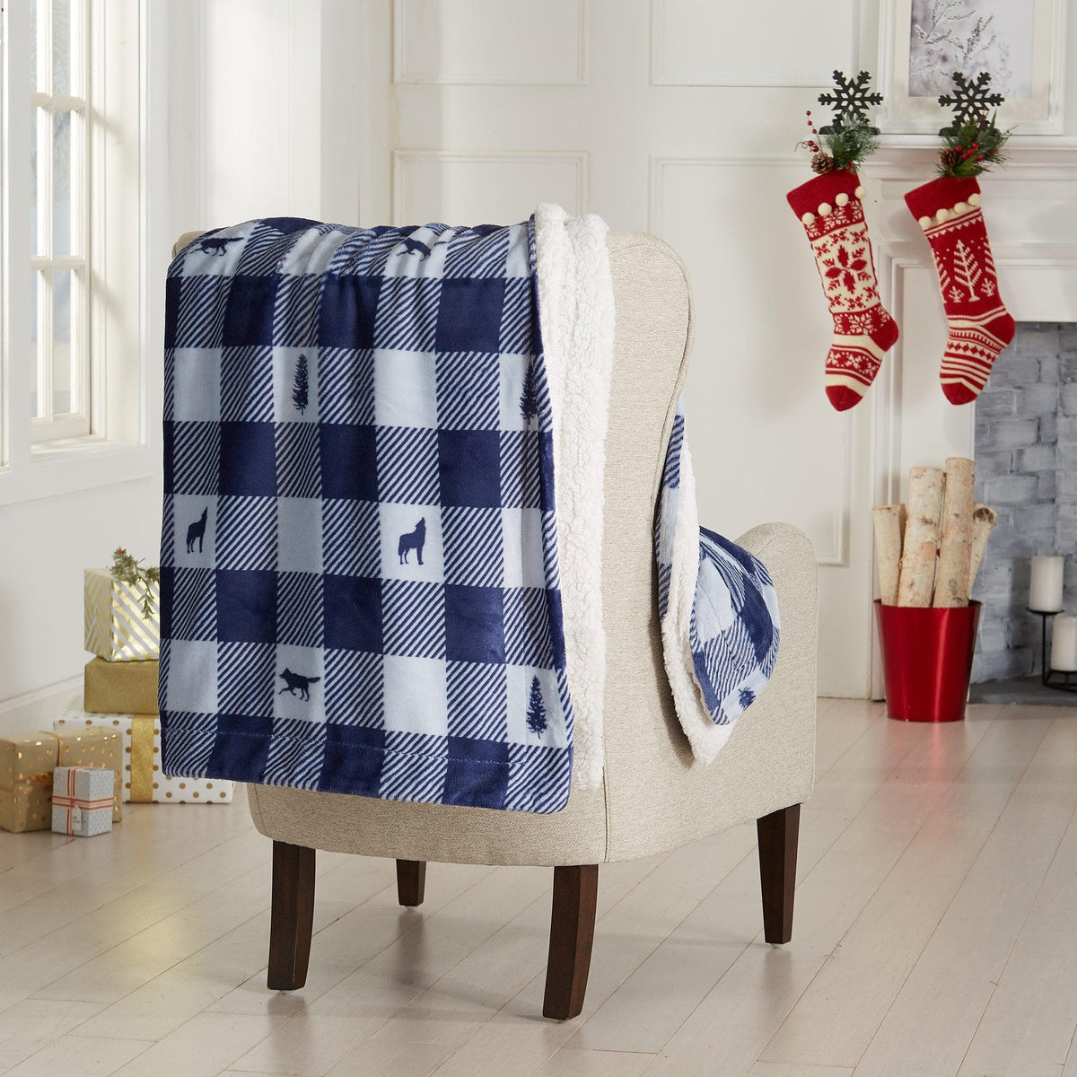 Great Bay Home Cabin Print Sherpa Throw Blanket, 50x60, Buffalo Check & Woodland