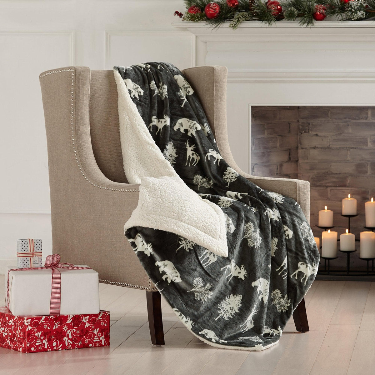 Great Bay Home Cabin Print Sherpa Throw Blanket, 50x60, Buffalo Check & Woodland