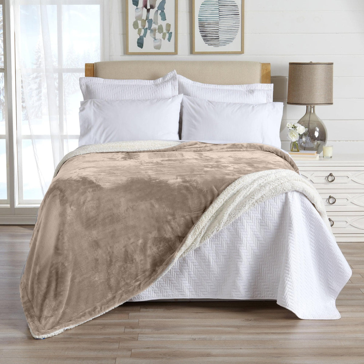 Great Bay Home Velvet Plush Sherpa Blanket, Reversible, Throw to King