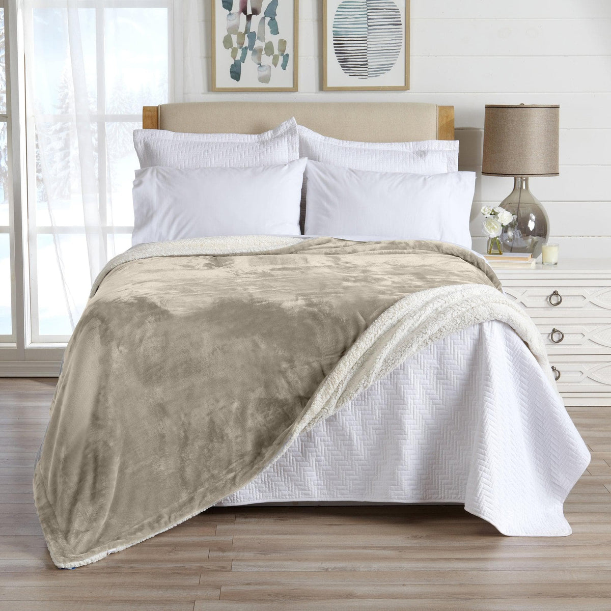 Great Bay Home Velvet Plush Sherpa Blanket, Reversible, Throw to King
