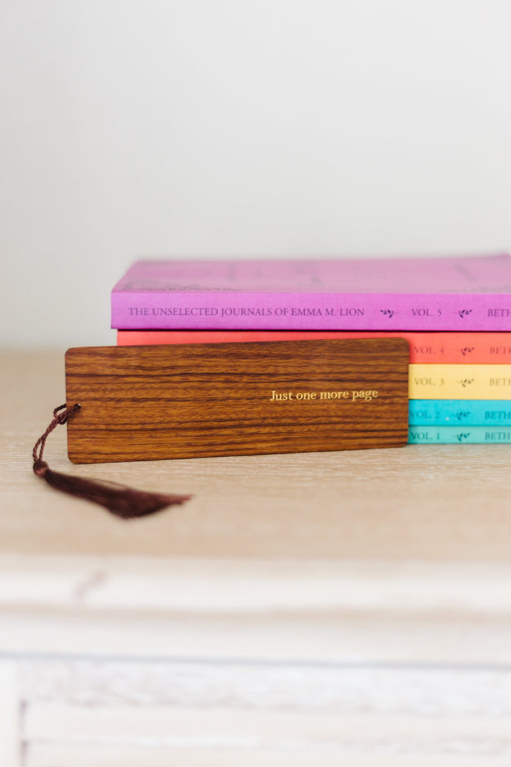 Just One More Page Foil Embossed Walnut Wood Bookmark