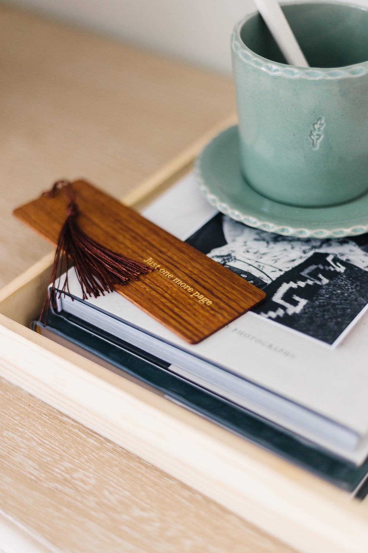Just One More Page Foil Embossed Walnut Wood Bookmark